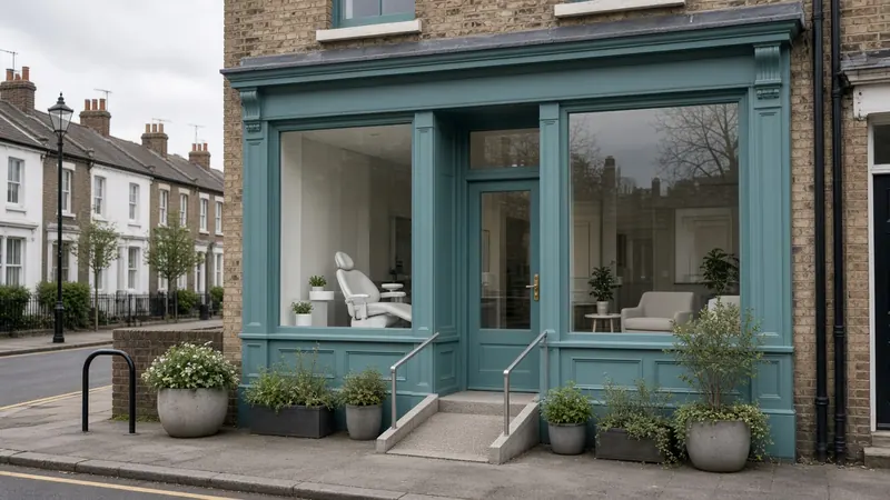 Teal-painted practice shopfront on a quiet street with a step-free ramp entrance and planters