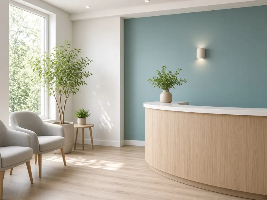 Calm, bright dental reception with a pale wood desk, soft teal wall, armchairs and plants by a window