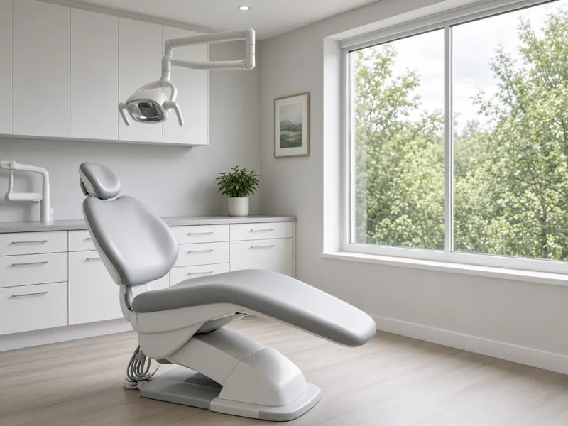 Empty, bright treatment room with a pale grey dental chair, white cabinets and a large window onto trees